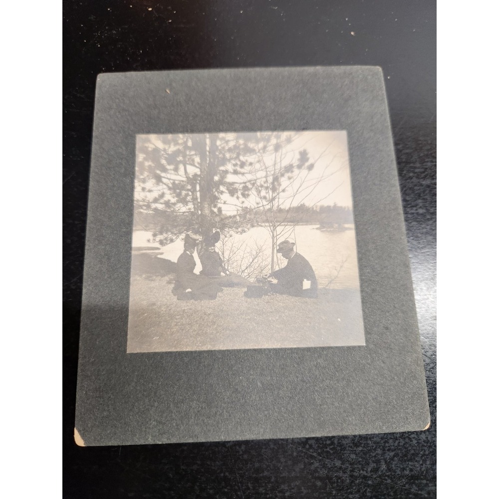 Vintage Mounted Photograph Three People Picnic Lake Outdoors 1900s Americana